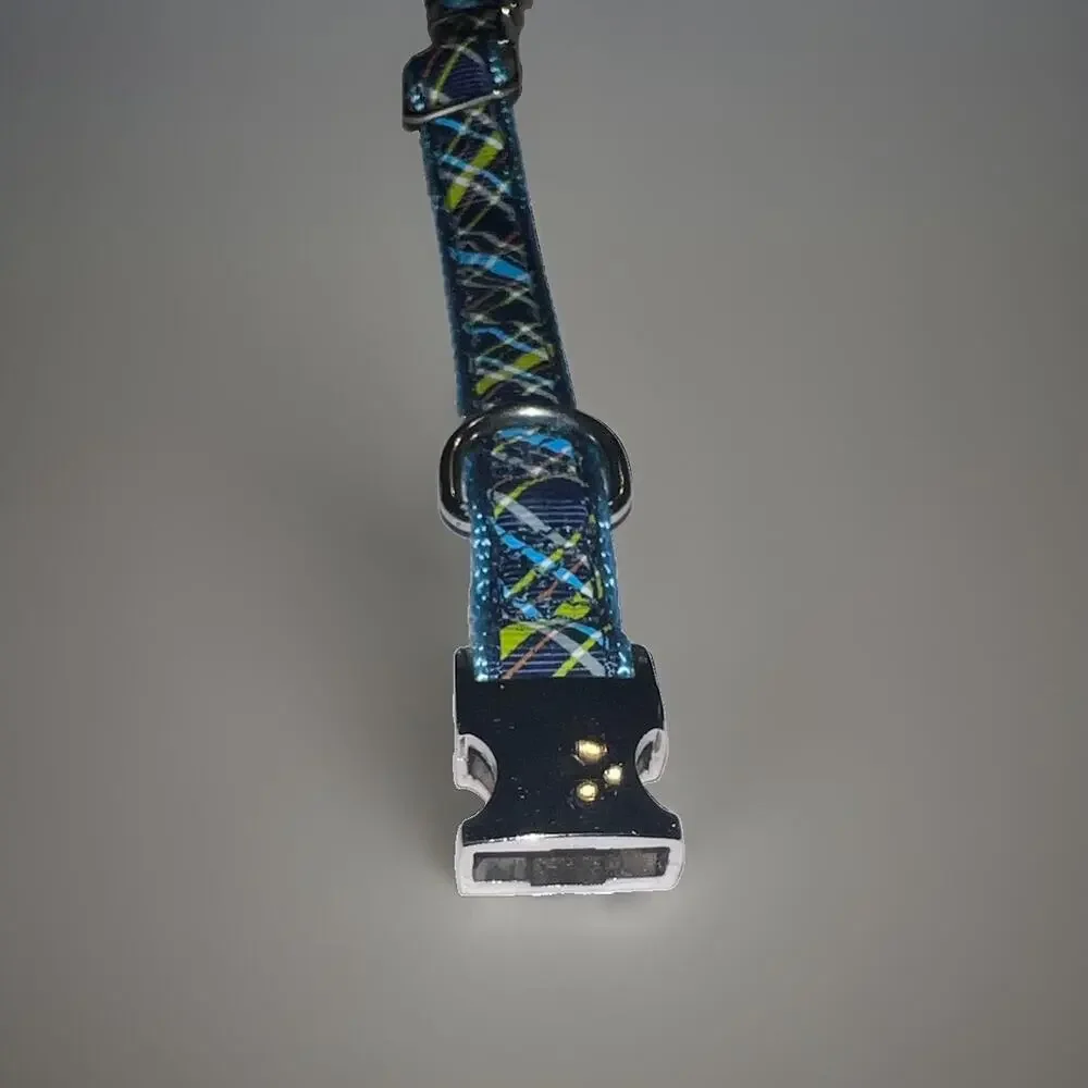 Dog Cat Collar Blue Plaid Adjustable ALU‑Max Metal Buckle 1/2in 9.5–12in Small